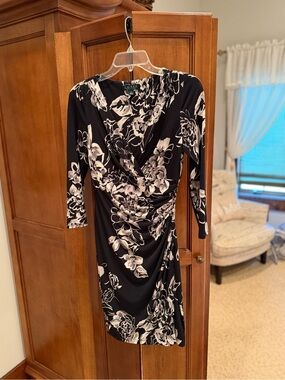 Ralph Lauren Black and White Floral Faux-Wrap Long Sleeve Dress